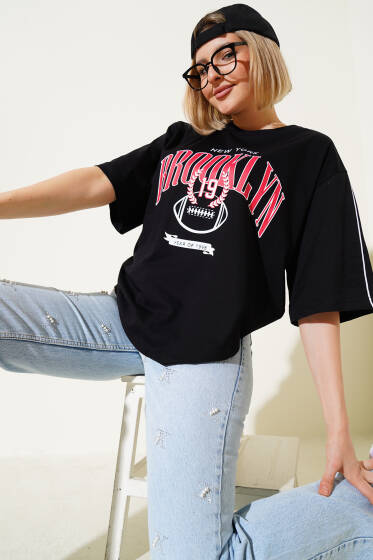 Brooklyn Baskılı T-shirt Siyah - Kadın Giyim Modelleri