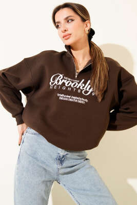 Brooklyn İşlemeli Sweatshirt Kahve 