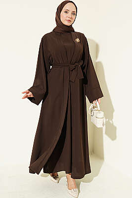 Broş Aksesuarlı Abaya Takım Kahve - FİXAY