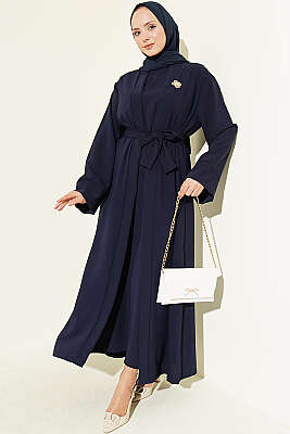 Broş Aksesuarlı Abaya Takım Lacivert - FİXAY