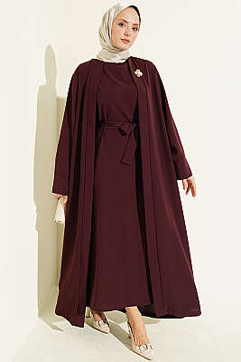 Broş Aksesuarlı Abaya Takım Mürdüm - FİXAY