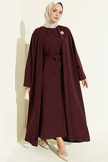 Broş Aksesuarlı Abaya Takım Mürdüm - İkili Takım