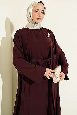 Broş Aksesuarlı Abaya Takım Mürdüm - İkili Takım