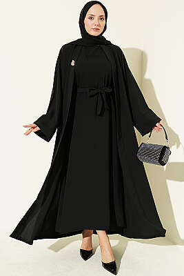 Broş Aksesuarlı Abaya Takım Siyah - FİXAY