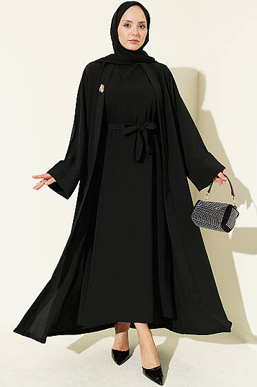 Broş Aksesuarlı Abaya Takım Siyah - İkili Takım