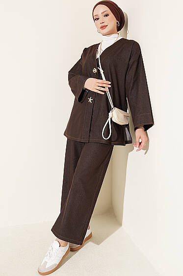 Broş Aksesuarlı Ceketli İkili Takım Kahve - İKİLİ TAKIM