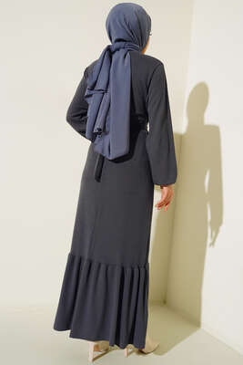 Broş Detaylı Burgu Fitilli Elbise Füme - Tesettür Elbise