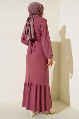 Broş Detaylı Burgu Fitilli Elbise Gül Kurusu - Tesettür Elbise