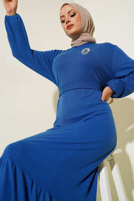 Broş Detaylı Burgu Fitilli Elbise İndigo - Tesettür Elbise