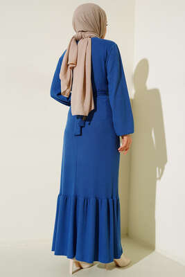 Broş Detaylı Burgu Fitilli Elbise İndigo - Tesettür Elbise