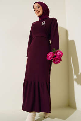 Broş Detaylı Burgu Fitilli Elbise Mürdüm 