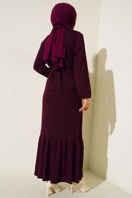 Broş Detaylı Burgu Fitilli Elbise Mürdüm - Tesettür Elbise