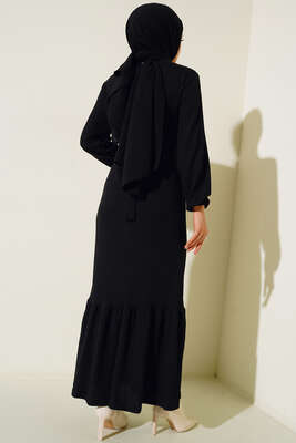 Broş Detaylı Burgu Fitilli Elbise Siyah - Tesettür Elbise