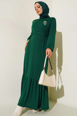 Broş Detaylı Burgu Fitilli Elbise Yeşil - Tesettür Elbise