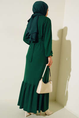 Broş Detaylı Burgu Fitilli Elbise Yeşil - Tesettür Elbise