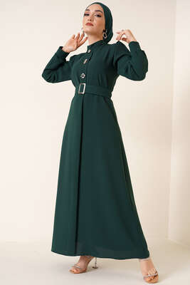 Broş Detaylı Elbise Zümrüt Yeşili - Thumbnail