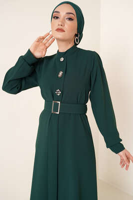 Broş Detaylı Elbise Zümrüt Yeşili - Thumbnail