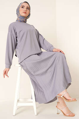 Broş Detaylı Etek İkili Takım Gri 