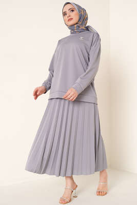 Broş Detaylı Etek İkili Takım Gri - İKİLİ TAKIM