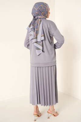 Broş Detaylı Etek İkili Takım Gri - İKİLİ TAKIM