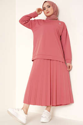 Broş Detaylı Etek İkili Takım Gül Kurusu 