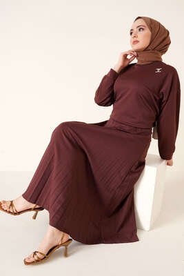 Broş Detaylı Etek İkili Takım Kahve - NEVA MODA