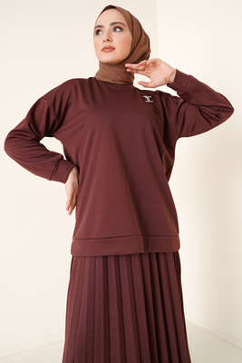 Broş Detaylı Etek İkili Takım Kahve - İKİLİ TAKIM