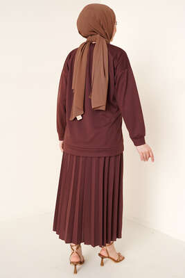 Broş Detaylı Etek İkili Takım Kahve - İKİLİ TAKIM