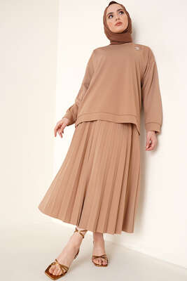 Broş Detaylı Etek İkili Takım Latte - NEVA MODA