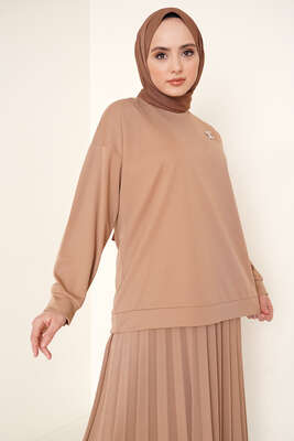 Broş Detaylı Etek İkili Takım Latte - İKİLİ TAKIM