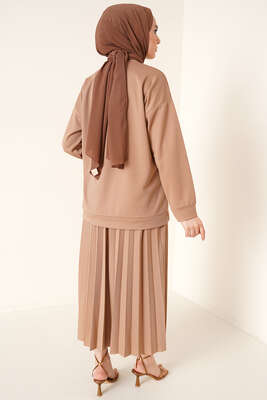 Broş Detaylı Etek İkili Takım Latte - İKİLİ TAKIM