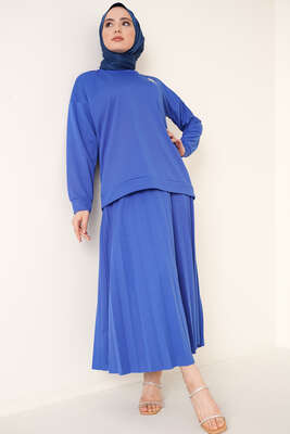 Broş Detaylı Etek İkili Takım Saks - NEVA MODA