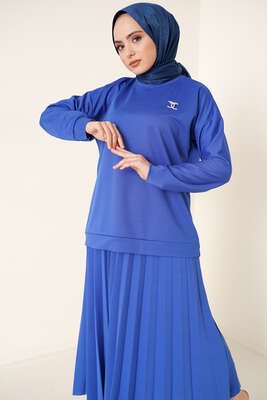 Broş Detaylı Etek İkili Takım Saks - İKİLİ TAKIM