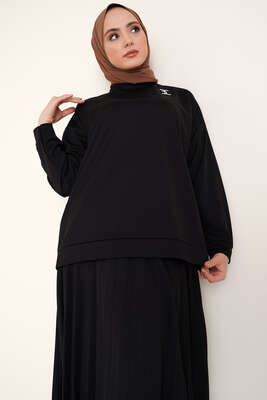 Broş Detaylı Etek İkili Takım Siyah - İKİLİ TAKIM