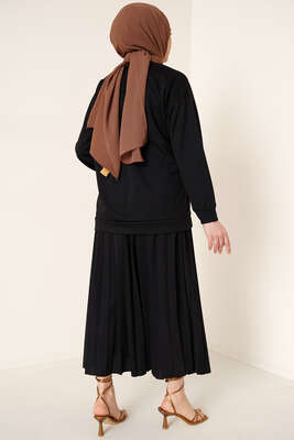 Broş Detaylı Etek İkili Takım Siyah - İKİLİ TAKIM