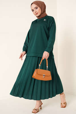 Broş Detaylı Etek İkili Takım Zümrüt 