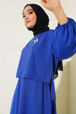 Broş Detaylı Etekli İkili Takım Saks - İKİLİ TAKIM