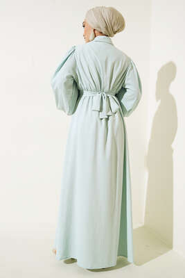 Broş Detaylı Kuşaklı Elbise Mint - Thumbnail