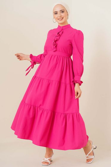 Broş Süslemeli Fuşya Elbise - Tesettür Elbise
