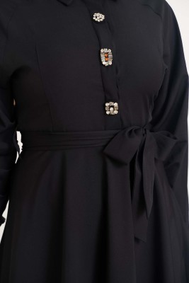 Broş Süslemeli Siyah Elbise - Thumbnail