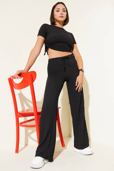 Buble Desenli Yan Bağcıklı Crop İkili Takım Siyah - Kadın Giyim Modelleri