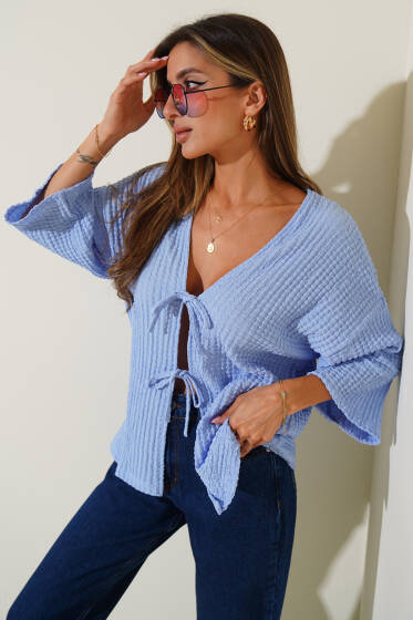 Buble Ön Bağlamalı Kimono Mavi - Kadın Giyim Modelleri