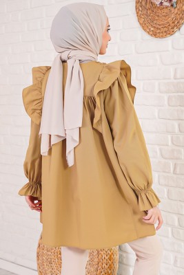 Bukle Detaylı Fırfırlı Camel Tunik - Tunik