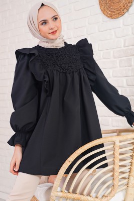 Bukle Detaylı Fırfırlı Siyah Tunik - Tunik
