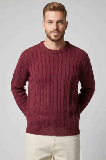 Bukle Örgü Erkek Triko Kazak Burgonya - Erkek Kazak