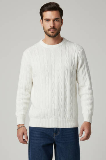 Bukle Örgü Erkek Triko Kazak Ekru - Erkek Kazak