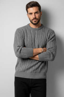 Bukle Örgü Erkek Triko Kazak Füme - BETEKS