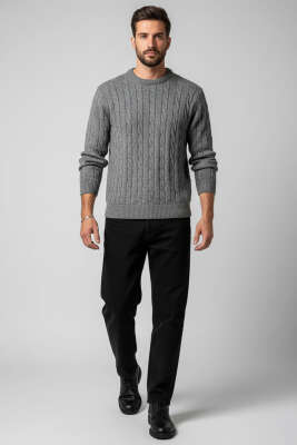 Bukle Örgü Erkek Triko Kazak Füme - Erkek Kazak