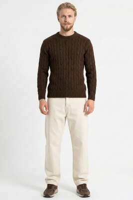 Bukle Örgü Erkek Triko Kazak Kahve - Erkek Kazak