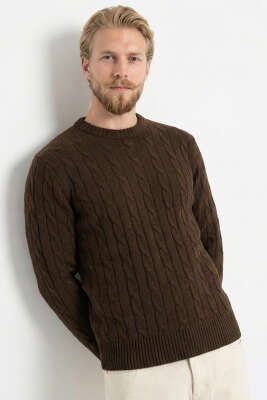 Bukle Örgü Erkek Triko Kazak Kahve - BETEKS